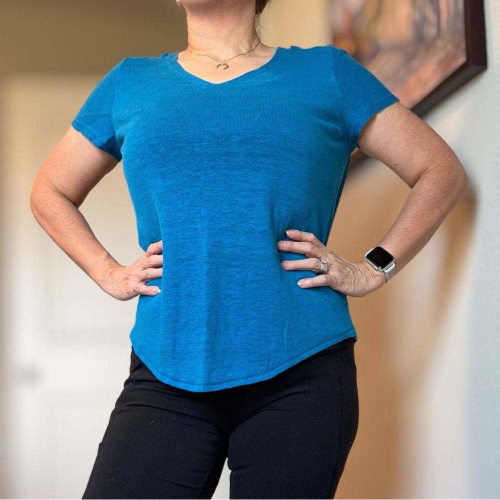 Eileen Fisher Teal V-Neck Short Sleeve Top